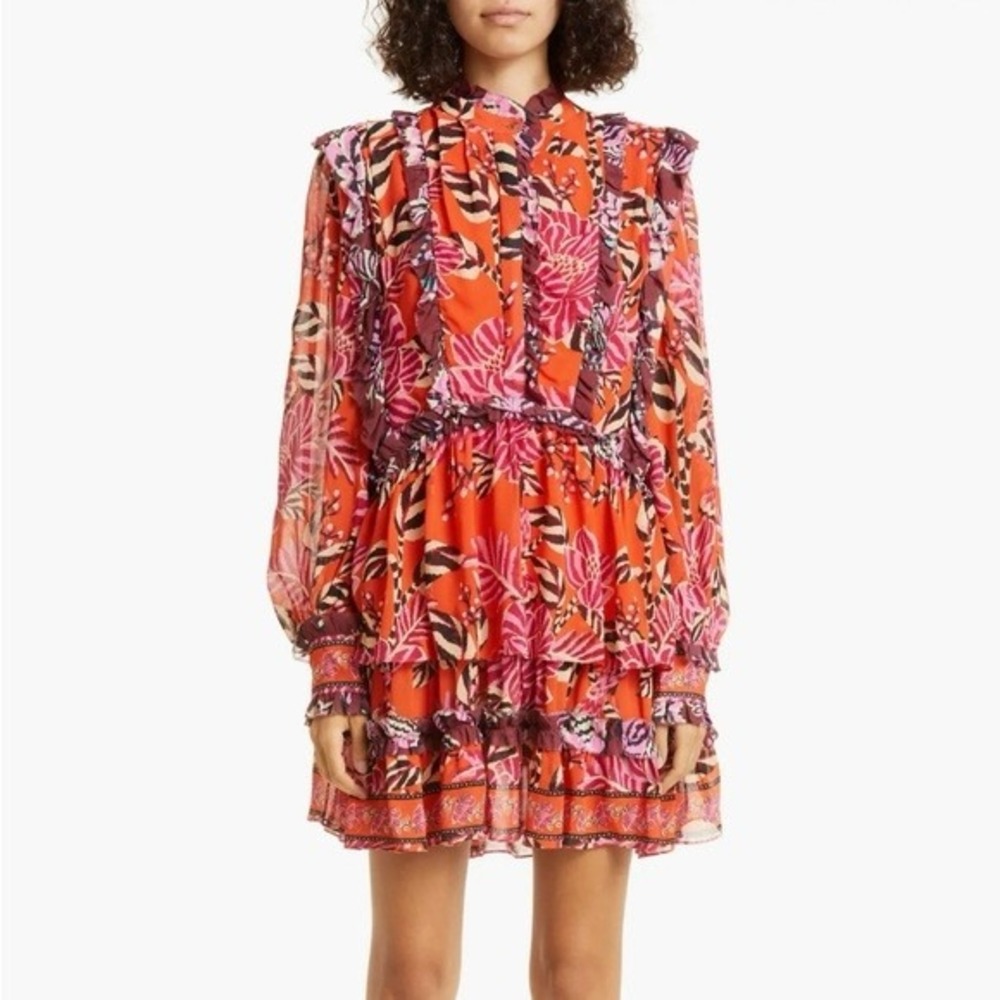 Farm Rio Red Floral Ruffle Mini Dress Long Sleeve XS Boho Tiered Style 311975